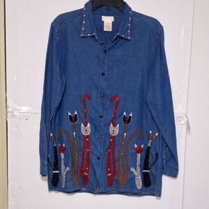 A Vintage Bobbie Brooks Denim Women's Cat Top Embroidered Grandmacore As-Is L